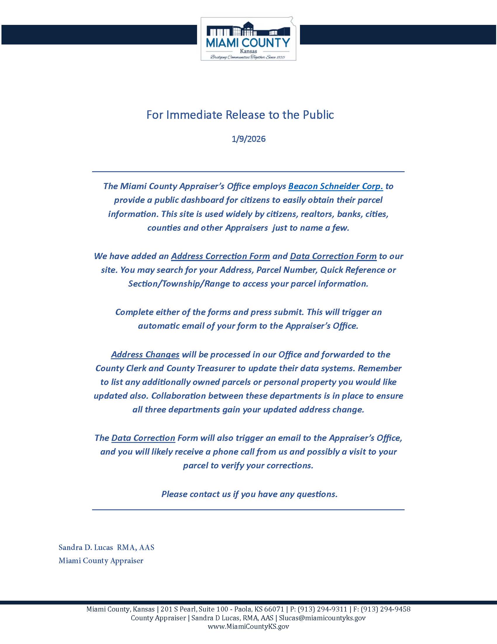 Appraisers Office Beacon Address Change and Data Correction Forms announcement