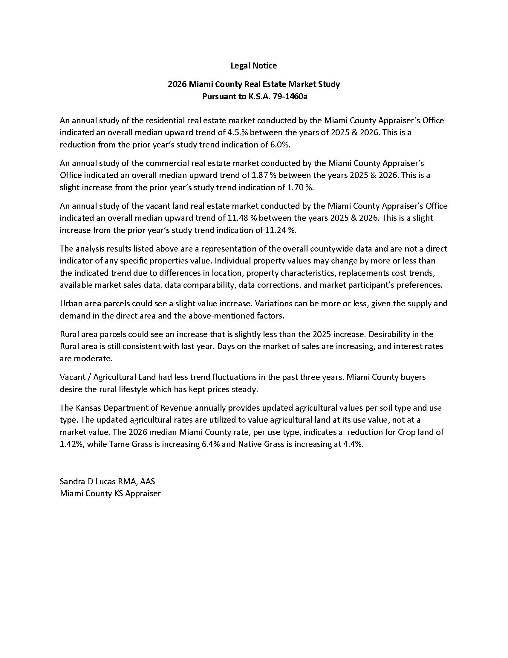 2026 Miami County Appraiser Legal Notice of Trend